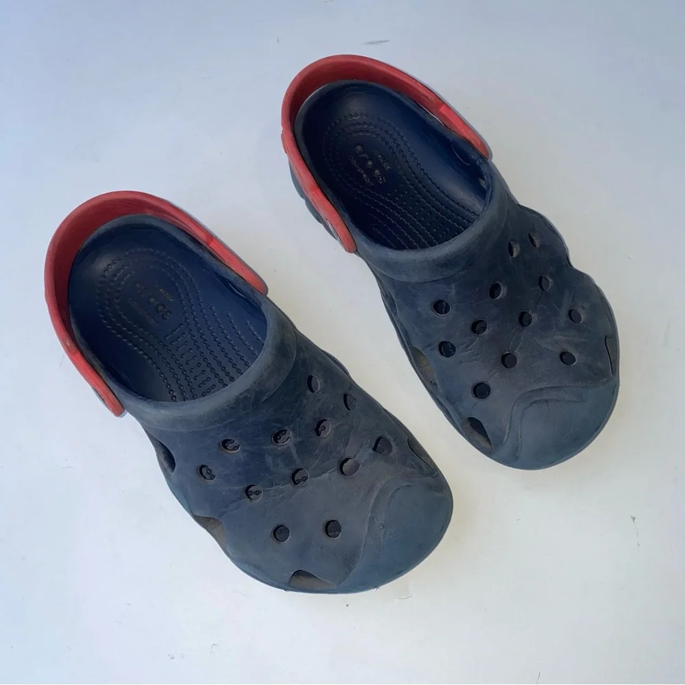 CROCS Swiftwater Unisex Kids 12 Navy Blue Red Classic Waterproof Clogs Shoes *30